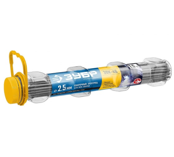 Электроды ЗУБР ЗОК-46, d= 2.5мм, L= 350мм, назначение: углеродистая сталь, Герметичная ПВХ туба с ручкой-подвесом, 1.5 кг, 80шт. (40031-2.5), цвет нет данных