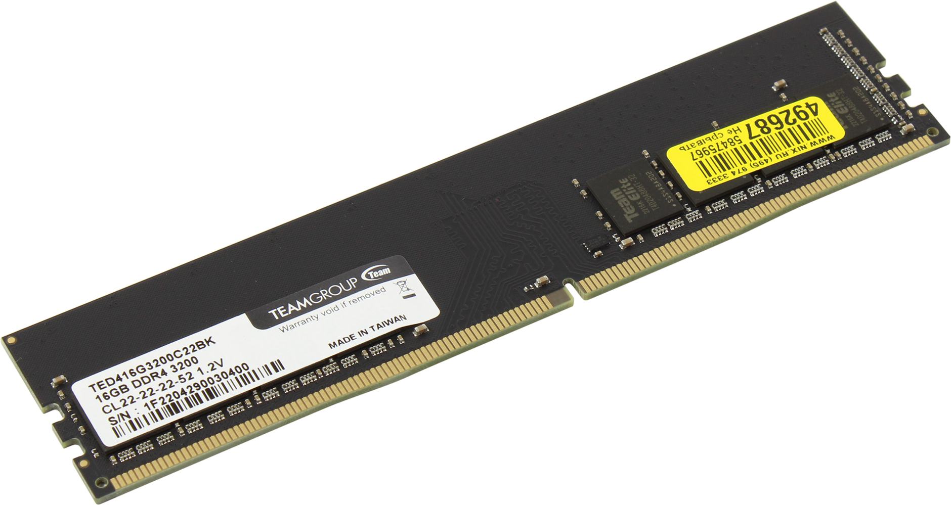 

Память DDR4 DIMM 16Gb, 3200MHz, CL22, 1.2 В, Team Group, Elite (TED416G3200C22BK) Bulk (OEM), TED416G3200C22BK