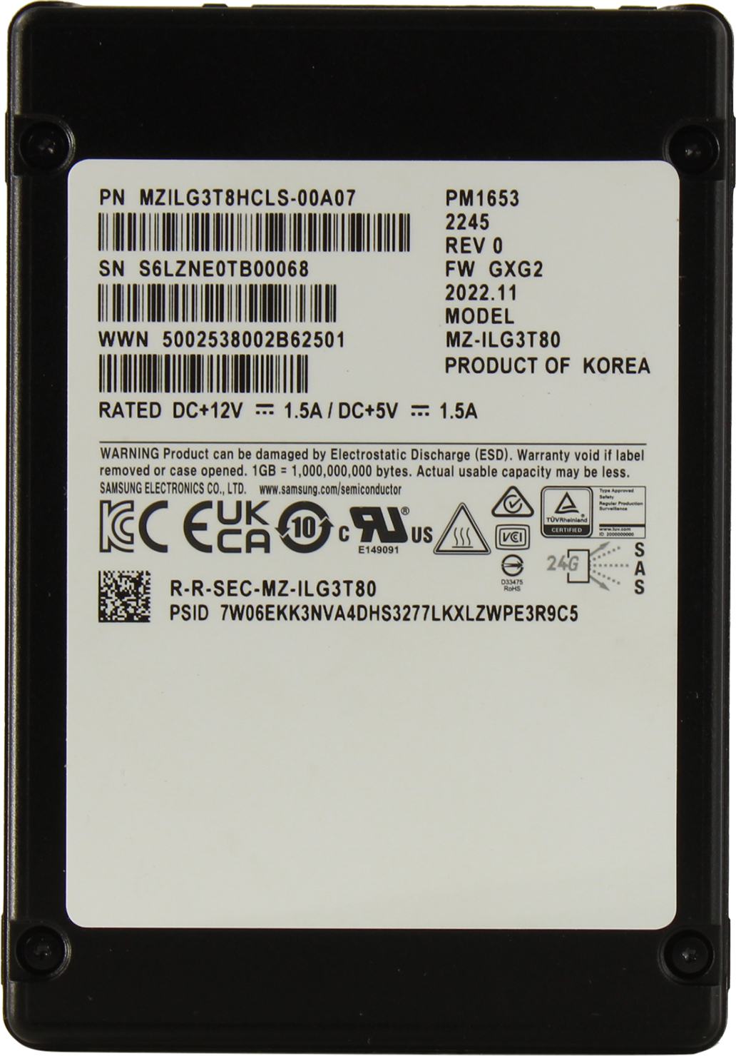 Твердотельный накопитель (SSD) Samsung PM1653 3.84Tb, 2.5", SAS 24Gb/s