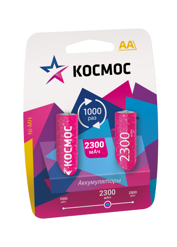 

Аккумулятор КОСМОС, AA (LR06/15А), 1.2V 2.3 А·ч, 2 шт. (R6NIMH 2300MAH)
