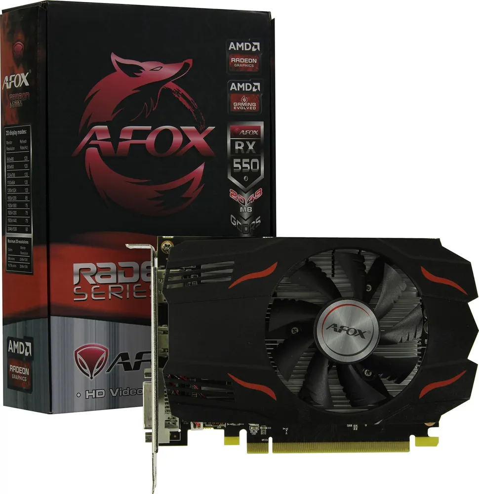 

Видеокарта AFOX AMD Radeon RX 550 AFRX550-2048D5H4-V6, 2Gb DDR5, 128 бит, PCI-E, DVI, HDMI, DP, Retail (AFRX550-2048D5H4-V6), AFRX550-2048D5H4-V6