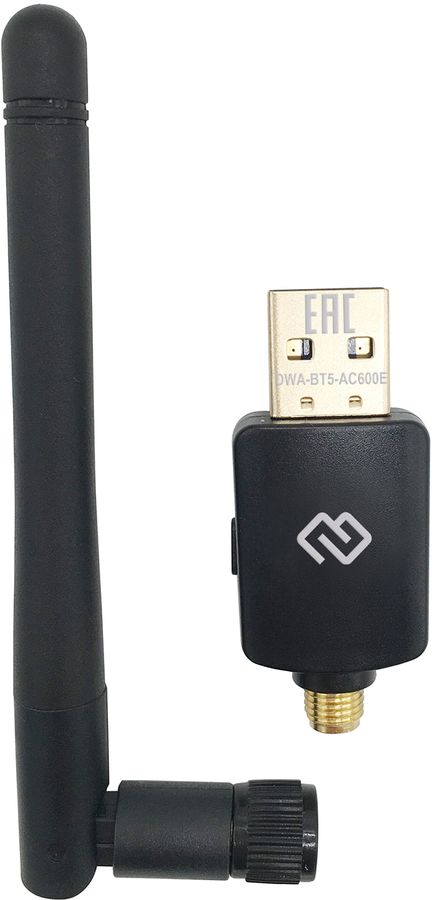 Адаптер Bluetooth+Wi-Fi DIGMA DWA-BT5-AC600E, 802.11a/b/g/n/ac, 2.4 / 5 ГГц, до 433 Мбит/с, USB, внешних антенн: 1