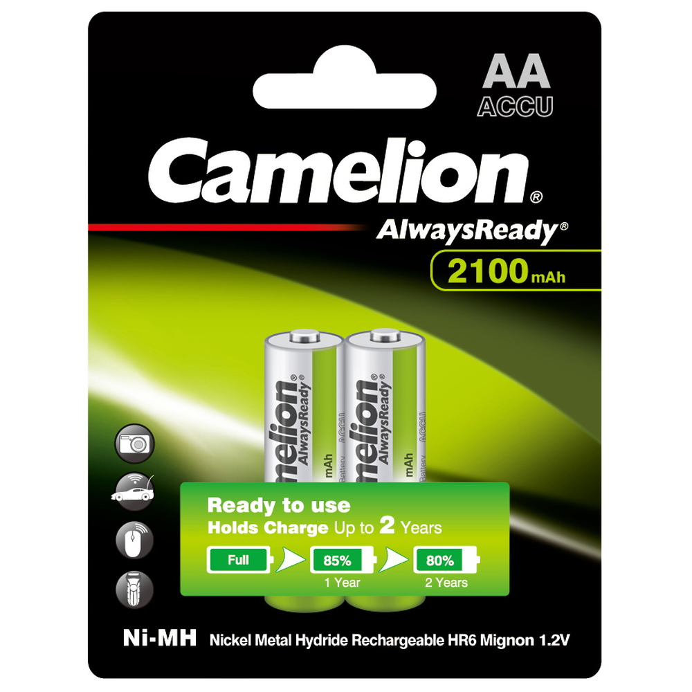 

Аккумулятор Camelion Always Ready NH-AA2100ARBP2, AA, 1.2V 2.1 А·ч, 2 шт. (7966), NH-AA2100ARBP2