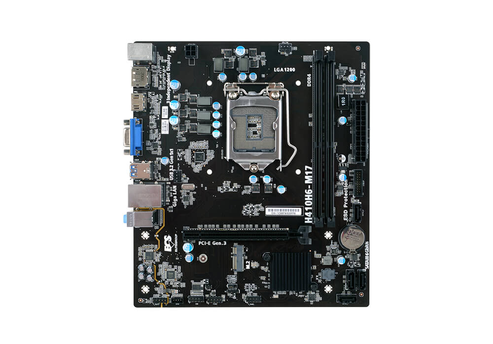 Материнская плата ECS H410H6-M17, Socket1200, Intel H410, 2xDDR4, PCI-Ex16, 4SATA3, 5.1-ch, GLAN, 4 USB 3.2, VGA, HDMI, DP, mATX, Retail