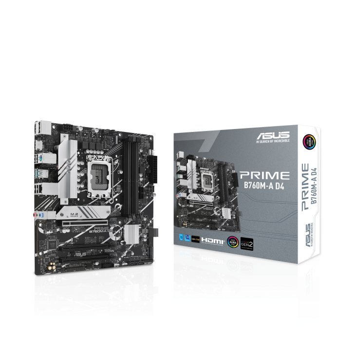 

Материнская плата ASUS PRIME B760M-A D4, Socket1700, Intel B760, 4xDDR4, 3PCI-Ex16, 4SATA3, 7.1-ch, 2.5GLAN, 6 USB 3.2, 1 USB Type-C, HDMI, DP, mATX, Retail, PRIME B760M-A D4