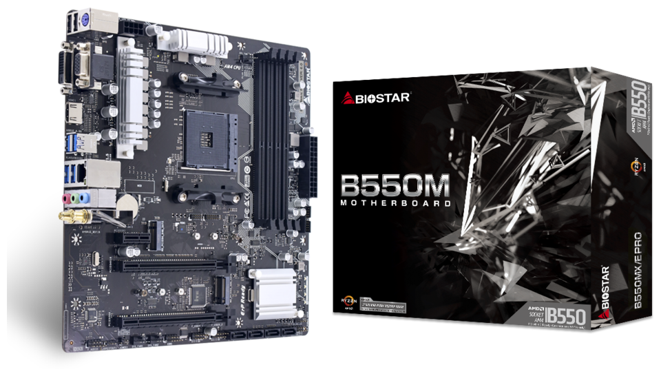 Материнская плата Biostar B550MX/E PRO, SocketAM4, AMD B550, 4xDDR4, 2PCI-Ex16, 4SATA3, 7.1-ch, GLAN, 6 USB 3.2, VGA, DVI, HDMI, mATX, Retail