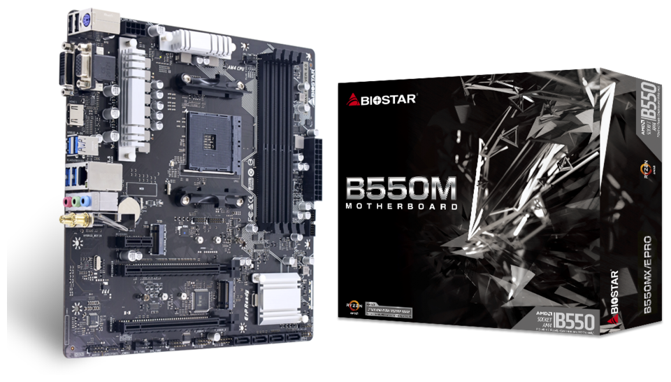 

Материнская плата Biostar B550MX/E PRO, SocketAM4, AMD B550, 4xDDR4, 2PCI-Ex16, 4SATA3, 7.1-ch, GLAN, 6 USB 3.2, VGA, DVI, HDMI, mATX, Retail, B550MX/E PRO