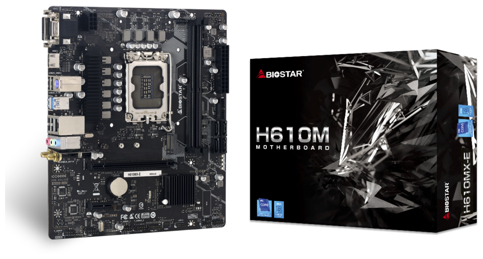 

Материнская плата Biostar H610MX-E, Socket1700, Intel H610, 2xDDR4, PCI-Ex16, 4SATA3, 7.1-ch, GLAN, 4 USB 3.2, VGA, DVI, HDMI, mATX, Retail, H610MX-E