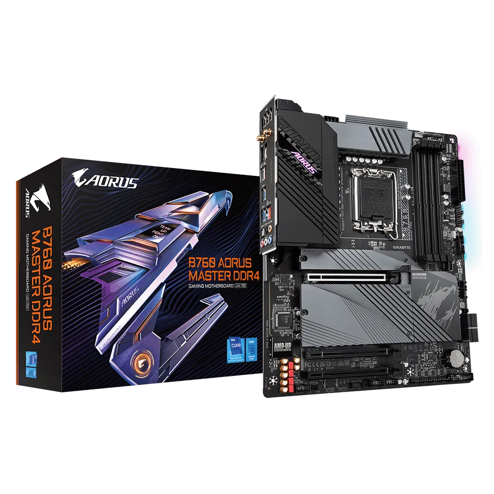 

Материнская плата GIGABYTE B760 AORUS MASTER DDR4, Socket1700, Intel B760, 4xDDR4, 3PCI-Ex16, 4SATA3, 7.1-ch, 2.5GLAN, 7 USB 3.2, 2 USB Type-C, HDMI, DP, ATX, Retail, B760 AORUS MASTER DDR4