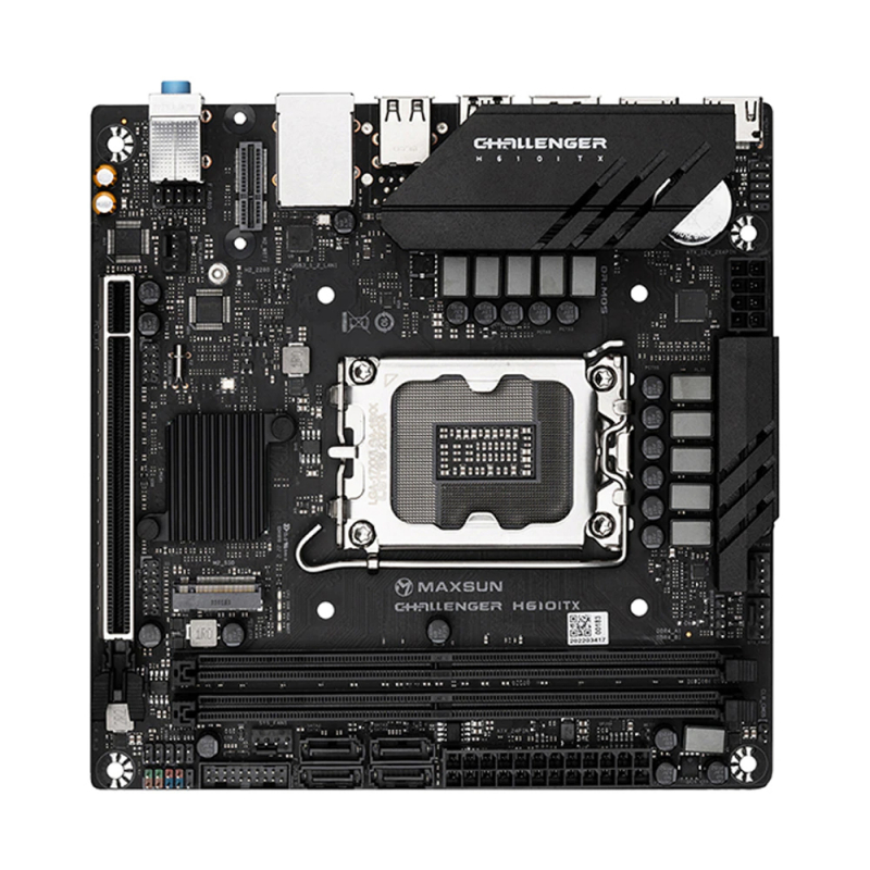 

Материнская плата MaxSun Challenger H610ITX, Socket1700, Intel H610, 2xDDR4, PCI-Ex16, 4SATA3, 7.1-ch, 2.5GLAN, 4 USB 3.2, HDMI, DP, mini-ITX, Retail, Challenger H610ITX