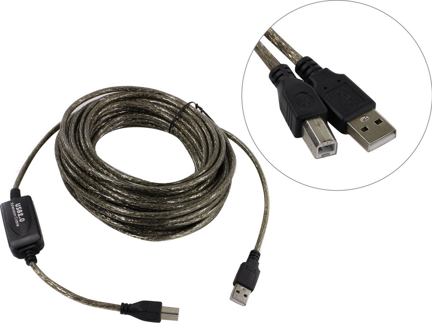 

Кабель USB 2.0(Am)-Mini USB 2.0(Bm), экранированный 10 м, серый Black Pack