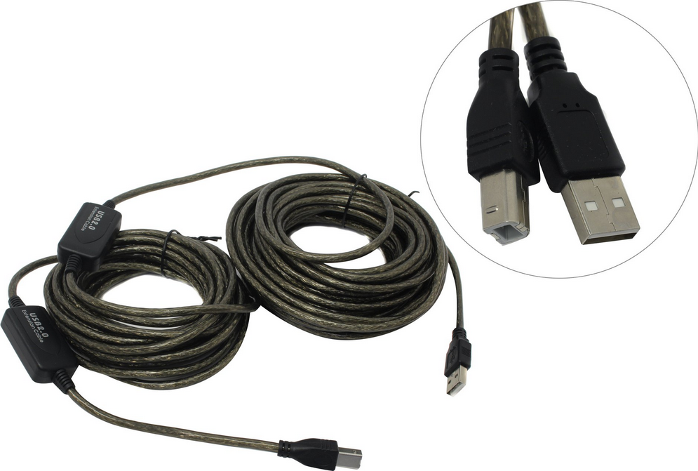 

Кабель USB 2.0(Am)-Mini USB 2.0(Bm), экранированный 15 м, серый Black Pack