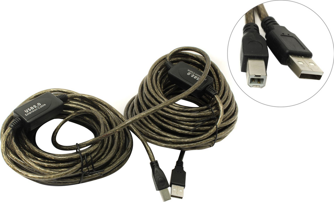 

Кабель USB 2.0(Am)-Mini USB 2.0(Bm), экранированный 20 м, серый Black Pack