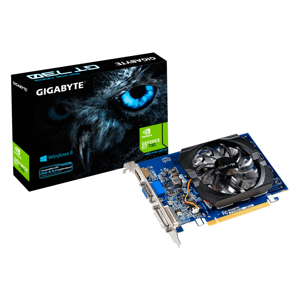 Видеокарта GIGABYTE NVIDIA GeForce GT730, 2Gb DDR3, 64bit, PCI-E, VGA, DVI, HDMI, Retail (GV-N730D3-2GI)