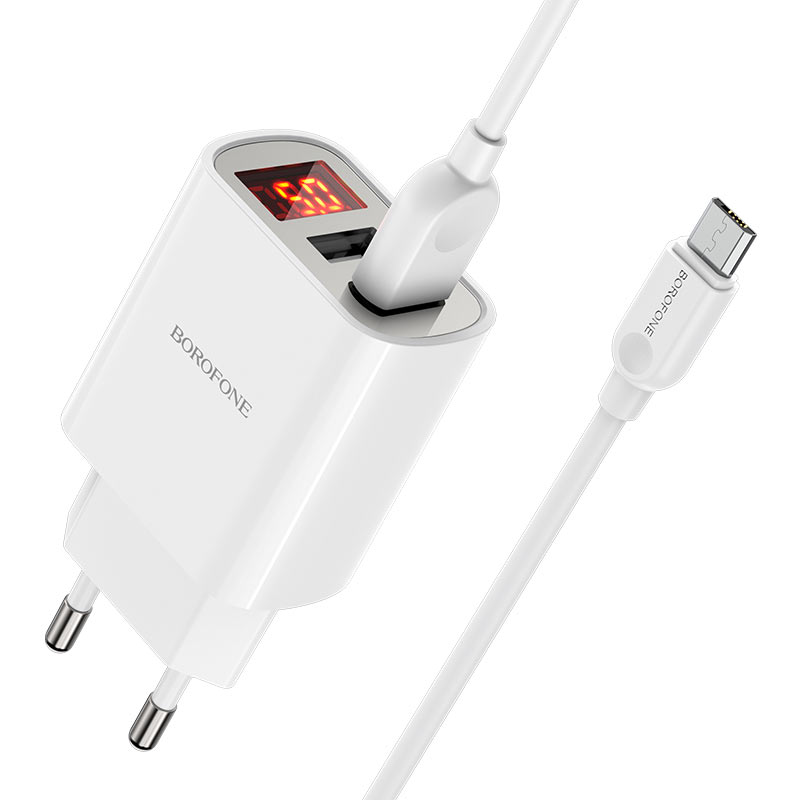 Сетевое зарядное устройство Borofone BA58A Mighty, 2xUSB, 2.4A, белый (207924), кабель microUSB - фото 1