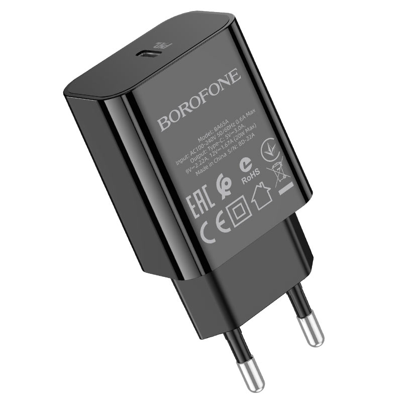 

Сетевое зарядное устройство Borofone BA65A PD20W 20Вт, USB type-C, Quick Charge, PD, 3A, черный (213516), BA65A PD20W