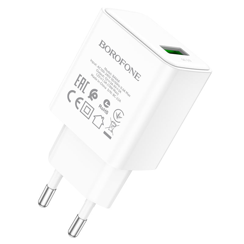 

Сетевое зарядное устройство Borofone BA66A 18Вт, USB, Quick Charge, 3A, белый (207911), кабель USB Type C, BA66A