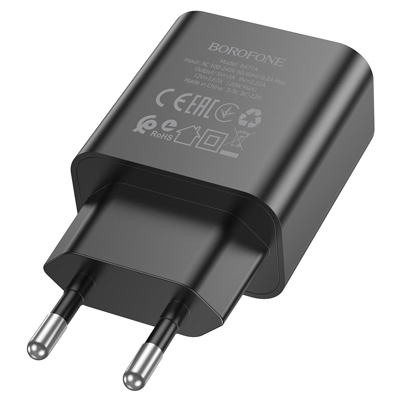 Сетевое зарядное устройство Borofone BA71A Power 20Вт, USB type-C, Quick Charge, PD, 3A, черный (213514), Lightning 8pin - фото 1