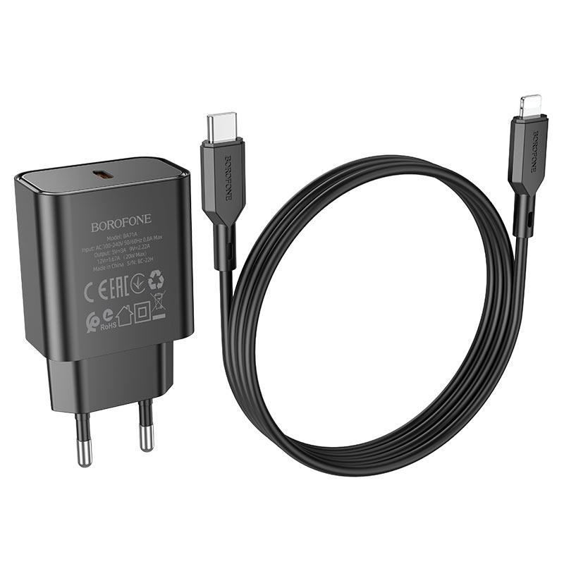 

Сетевое зарядное устройство Borofone BA71A Power 20Вт, USB type-C, Quick Charge, PD, 3A, черный (213514), Lightning 8pin, BA71A Power