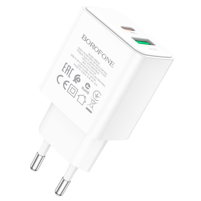 Сетевое зарядное устройство Borofone BA67A 20Вт, USB, USB type-C, Quick Charge, PD, 3A, белый (207907), Lightning 8pin - фото 1