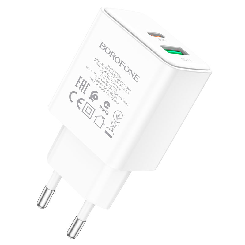 

Сетевое зарядное устройство Borofone BA67A 20Вт, USB, USB type-C, Quick Charge, PD, 3A, белый (207908), кабель USB Type C, BA67A