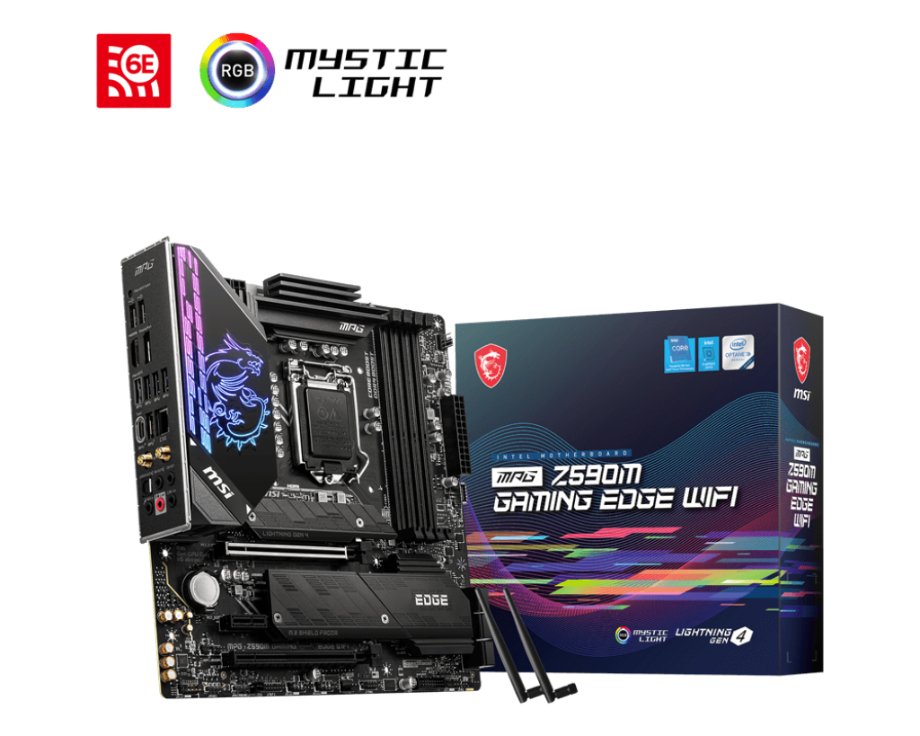 

Материнская плата MSI MPG Z590M GAMING EDGE WIFI, Socket1200, Intel Z590, 4xDDR4, 2PCI-Ex16, 6SATA3, 7.1-ch, 2.5GLAN, 7 USB 3.2, 2 USB Type-C, HDMI, DP, mATX, Retail, MPG Z590M GAMING EDGE WIFI
