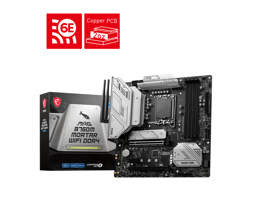 

Материнская плата MSI MAG B760M MORTAR WIFI DDR4, Socket1700, Intel B760, 4xDDR4, 2PCI-Ex16, 4SATA3, 7.1-ch, 2.5GLAN, 5 USB 3.2, 2 USB Type-C, HDMI, DP, mATX, Retail, MAG B760M MORTAR WIFI DDR4