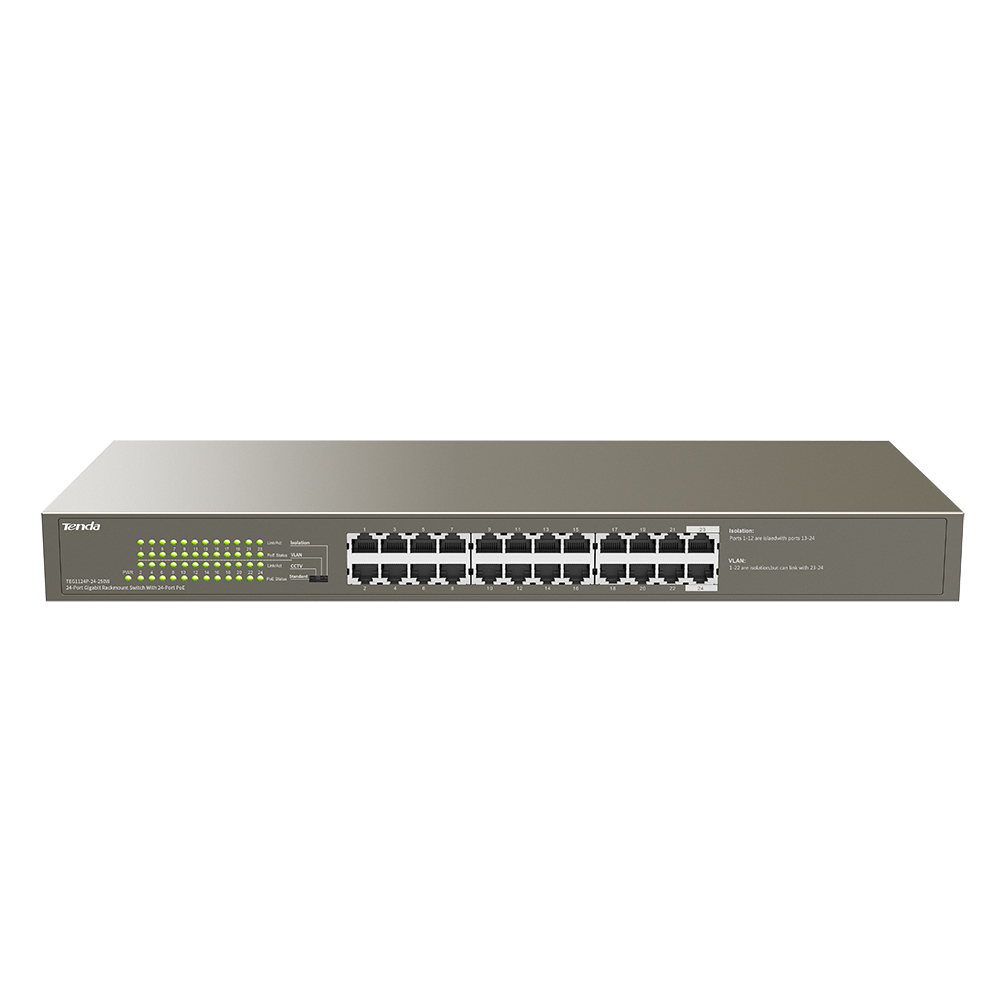 

Коммутатор Tenda TEG1124P-24-250W, кол-во портов: 24x1 Гбит/с, установка в стойку, PoE: 24x30Вт (макс. 225Вт) (TEG1124P-24-250W), TEG1124P-24-250W