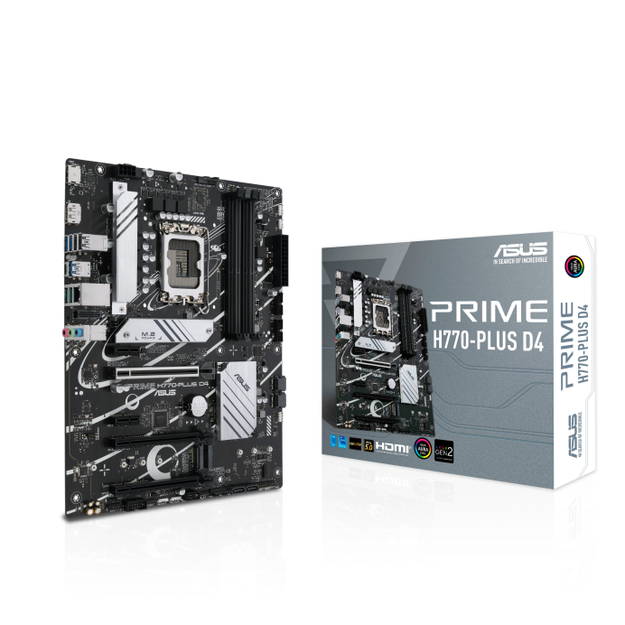 

Материнская плата ASUS PRIME H770-PLUS D4, Socket1700, Intel H770, 4xDDR4, 2PCI-Ex16, 4SATA3, 7.1-ch, 2.5GLAN, 9 USB 3.2, 1 USB Type-C, HDMI, DP, ATX, Retail, PRIME H770-PLUS D4