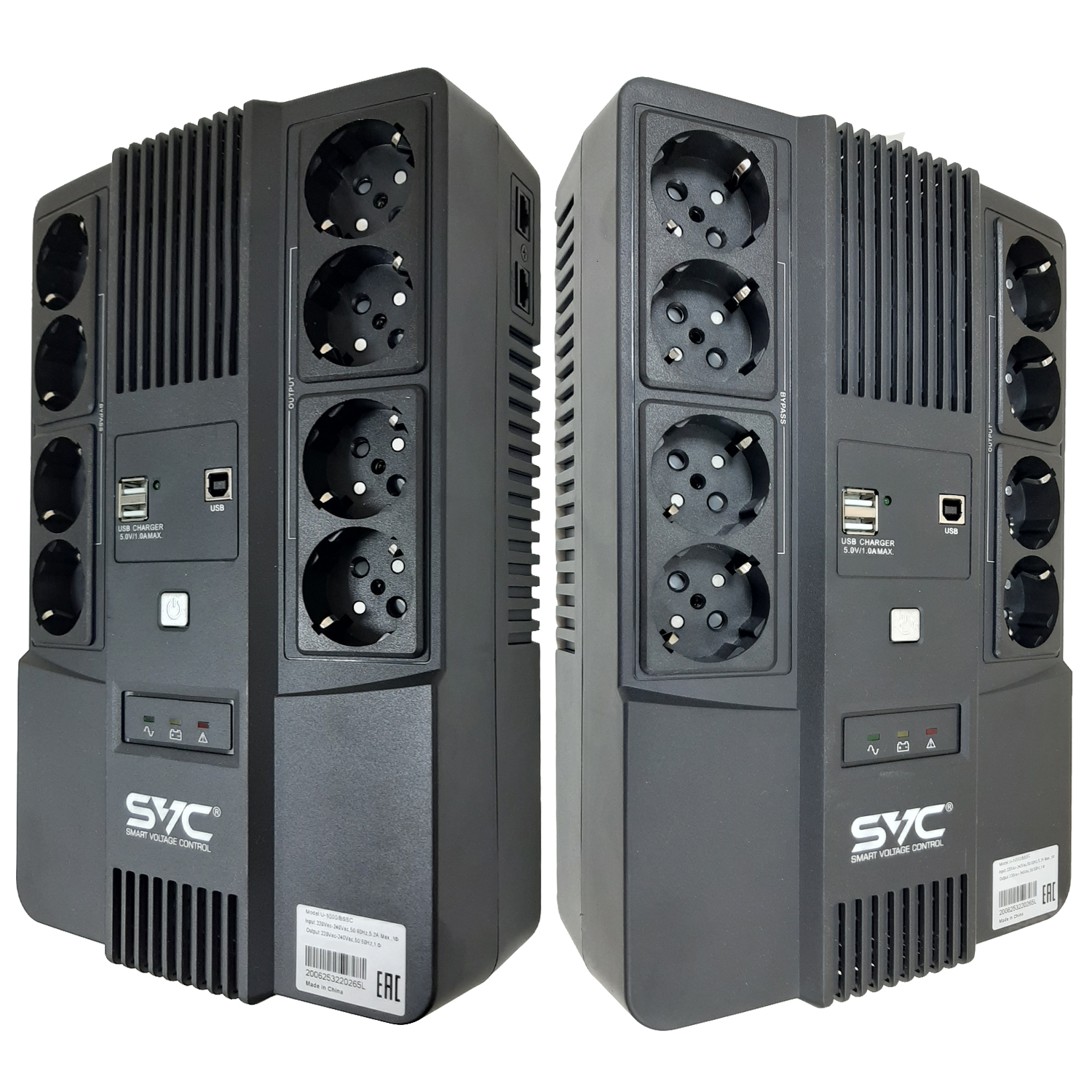 ИБП SVC U-1000/BSSC, 1000 В·А, 600 Вт, EURO+IEC, розеток - 8, USB, черный (U-1000/BSSC)
