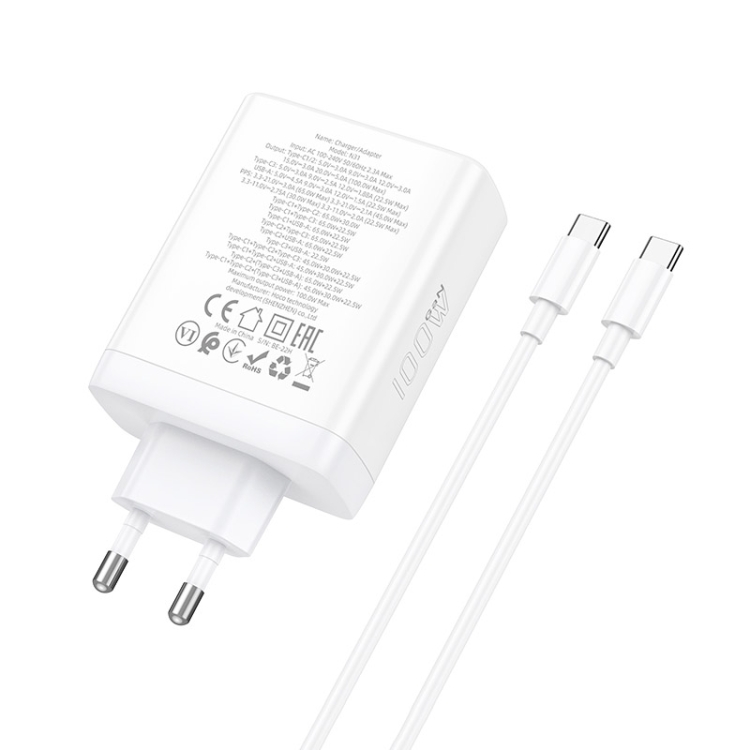 

Сетевое зарядное устройство Hoco N31 100 Вт, USB, 3xUSB type-C, Quick Charge, PD, 5А, белый (6931474784186), кабель USB Type C, N31