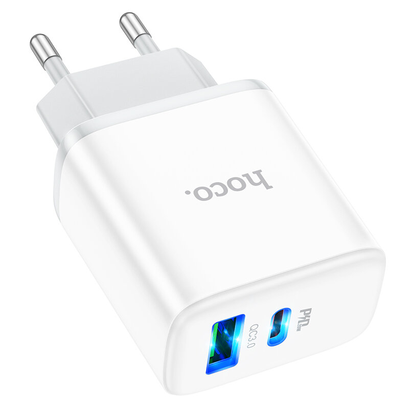 

Сетевое зарядное устройство Hoco C105A Stage dual port 20Вт, USB, USB type-C, Quick Charge, PD, 3A, белый (214015), Lightning 8pin, C105A Stage dual port