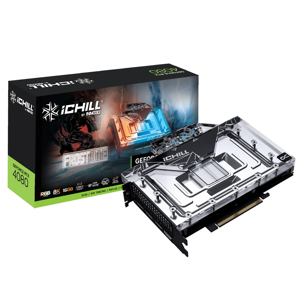 

Видеокарта Inno3D NVIDIA GeForce RTX 4080 iCHILL FROSTBITE, 16Gb DDR6X, 256 бит, PCI-E, HDMI, 3DP, Retail (C4080-166XX-1870FB), iCHILL FROSTBITE
