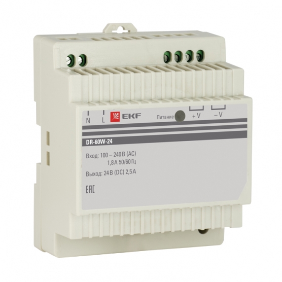 

Блок питания EKF DR-60W-24, 24В для на DIN-рейку, белый (DR-60W-24), DR-60W-24