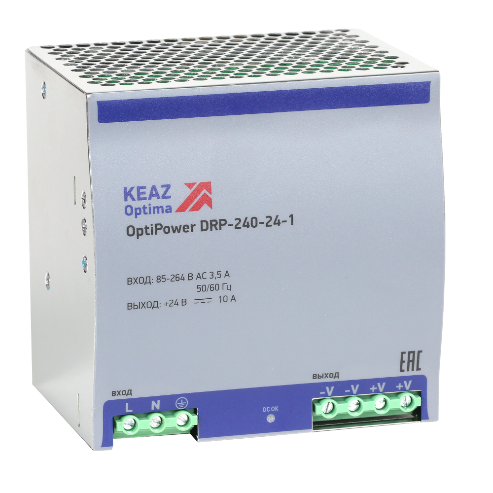 

Блок питания КЭАЗ OptiPower DRP-240-24-1 для на DIN-рейку, серый (284549), OptiPower DRP-240-24-1