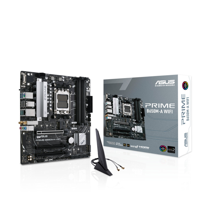 

Материнская плата ASUS PRIME B650M-A WIFI, AM5, AMD B650, 4xDDR5 DIMM, 2PCI-Ex16, 4SATA3, 7.1-ch, 2.5GLAN, 6 USB 3.2, 1 USB Type-C, VGA, HDMI, DP, mATX, Retail, PRIME B650M-A WIFI