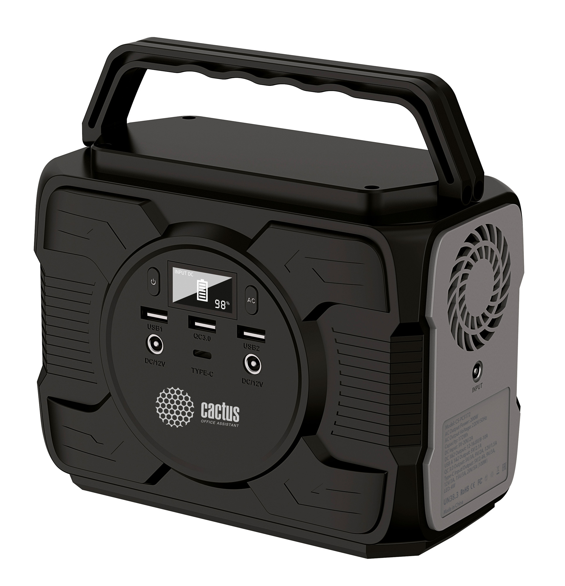 

Портативный аккумулятор (Powerbank) Cactus CS-PCS172, 48000mAh, 3xUSB, 5A, Type-C, QC, PD, черный/серый, 0
