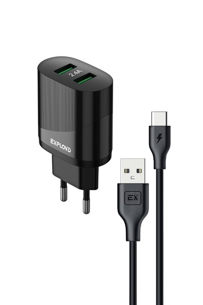 

Сетевое зарядное устройство Exployd Easy EX-Z-1438 5Вт, 2xUSB, 2.4A, черный (EX-Z-1438), кабель USB Type C, EX-Z-1438
