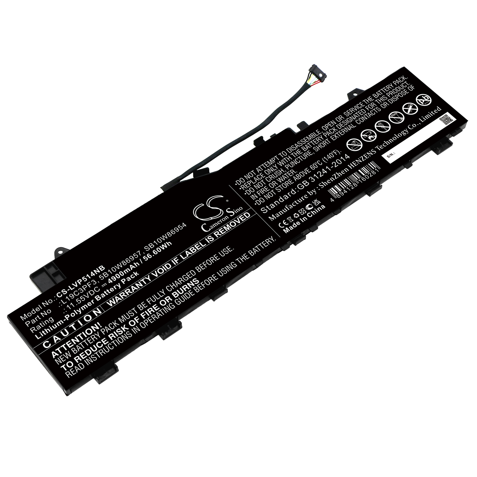 Аккумуляторная батарея CameronSino CS-LVP514NB для Lenovo, 11.6 В, 4900mAh, 56 Wh, черный