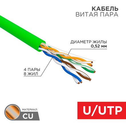

Витая пара UTP кат.5e, 4 пары, CU, 0.52 мм, 305м., внутренний, одножильный, PVC, зеленый, REXANT (01-0061)