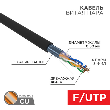 

Витая пара FTP кат.5e, 4 пары, CU, 0.52 мм, 305м., внутренний, одножильный, PVC, черный, REXANT (01-0165)