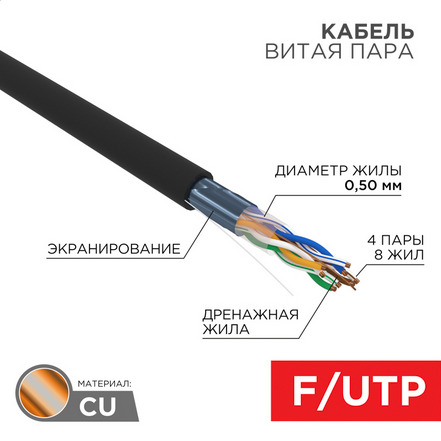 Витая пара FTP кат5e 4 пары CU 052 мм 305м внутренний одножильный PVC черный REXANT 01-0165 20100₽