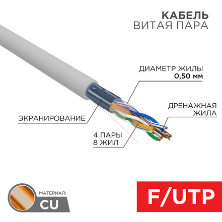 Витая пара REXANT FTP кат.5e 4 пары CU 305м. (01-0169)