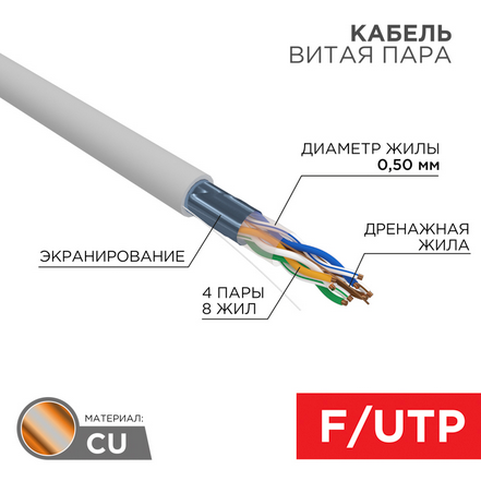 Витая пара FTP кат.5e, 4 пары, CU, 0.5 мм, 305м., внутренний, одножильный, PVC, серый, REXANT (01-0169)