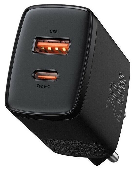 Сетевое зарядное устройство BASEUS Compact Quick Charger 20Вт, USB, USB type-C, Quick Charge, PD, 3A, черный (CCXJ-B01) - фото 1