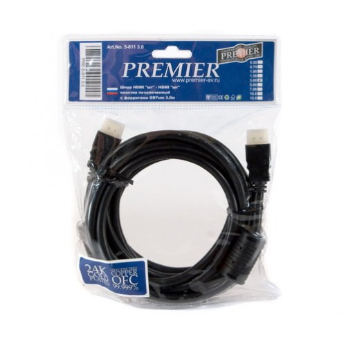 

Кабель HDMI(19M)-HDMI(19M) v1.4, экранированный, ферритовый фильтр, 5 м, черный PREMIER 5-813 (5-813), 5-813