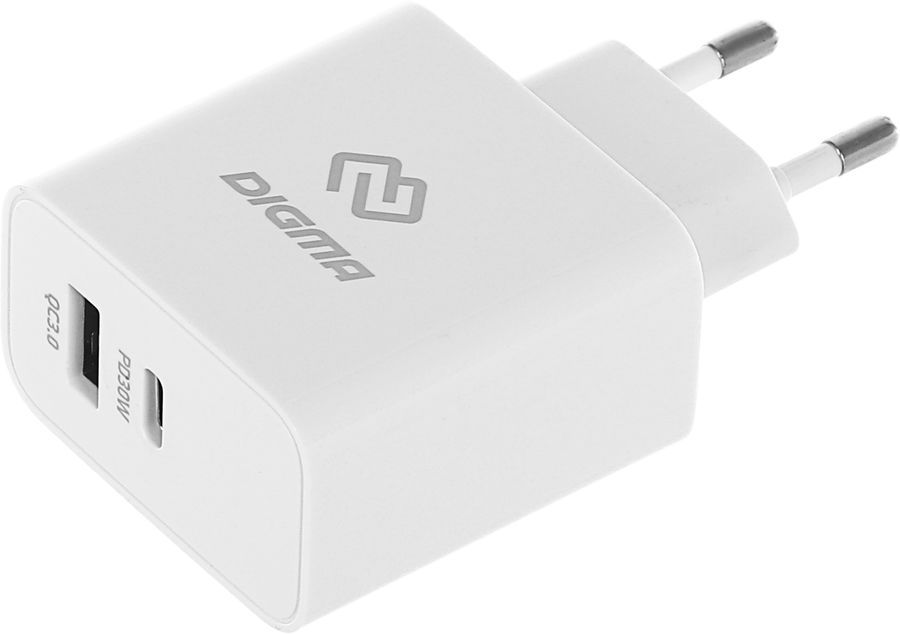 

Сетевое зарядное устройство Digma DGW3D 20Вт, USB, USB type-C, Quick Charge, PD, 3A, белый (DGW3D0F110WH), DGW3D