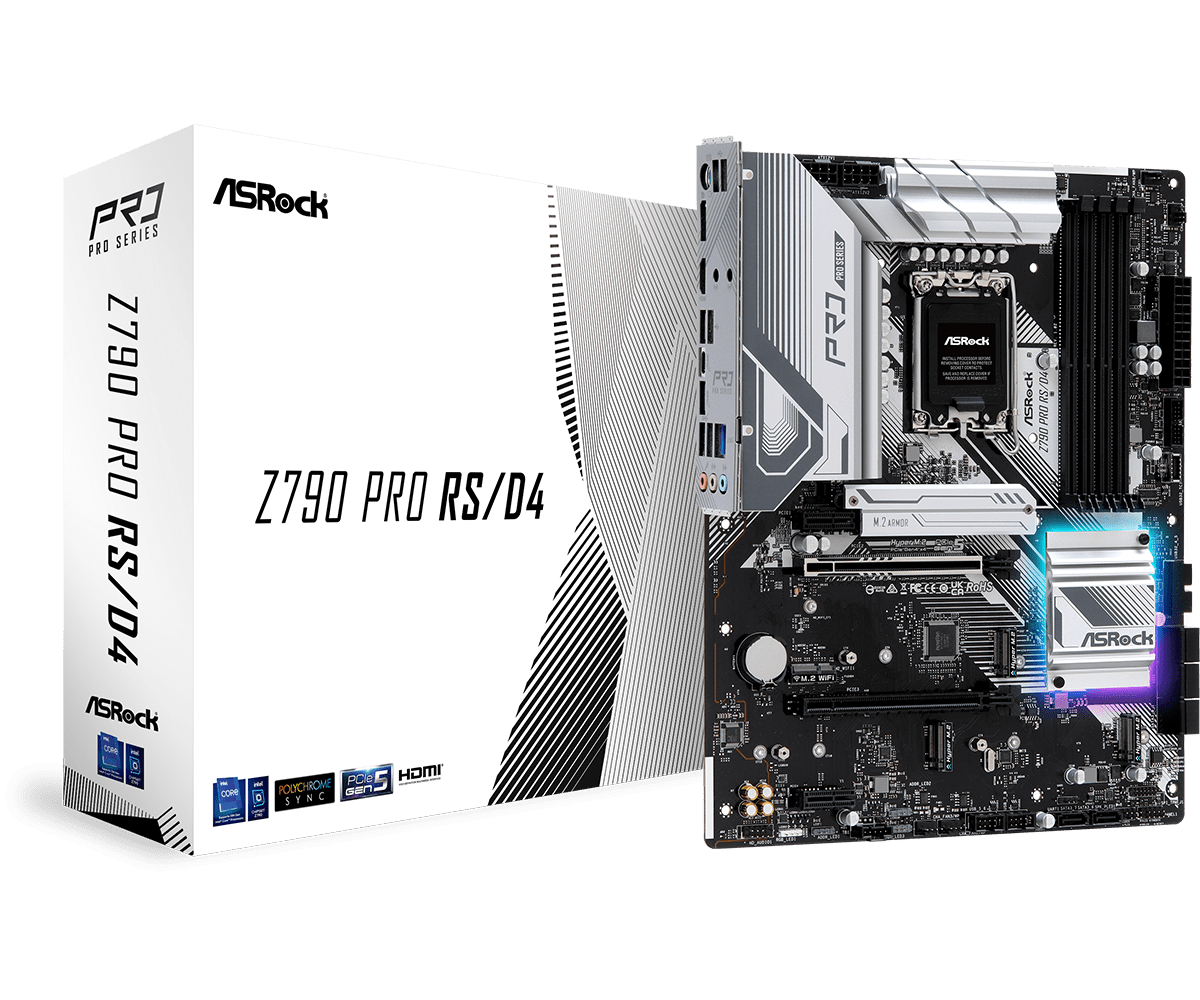 

Материнская плата ASRock Z790 PRO RS/D4, Socket1700, Intel Z790, 4xDDR4, 2PCI-Ex16, 8SATA3, 7.1-ch, 2.5GLAN, 7 USB 3.2, 2 USB Type-C, HDMI, DP, ATX, Retail, Z790 PRO RS/D4