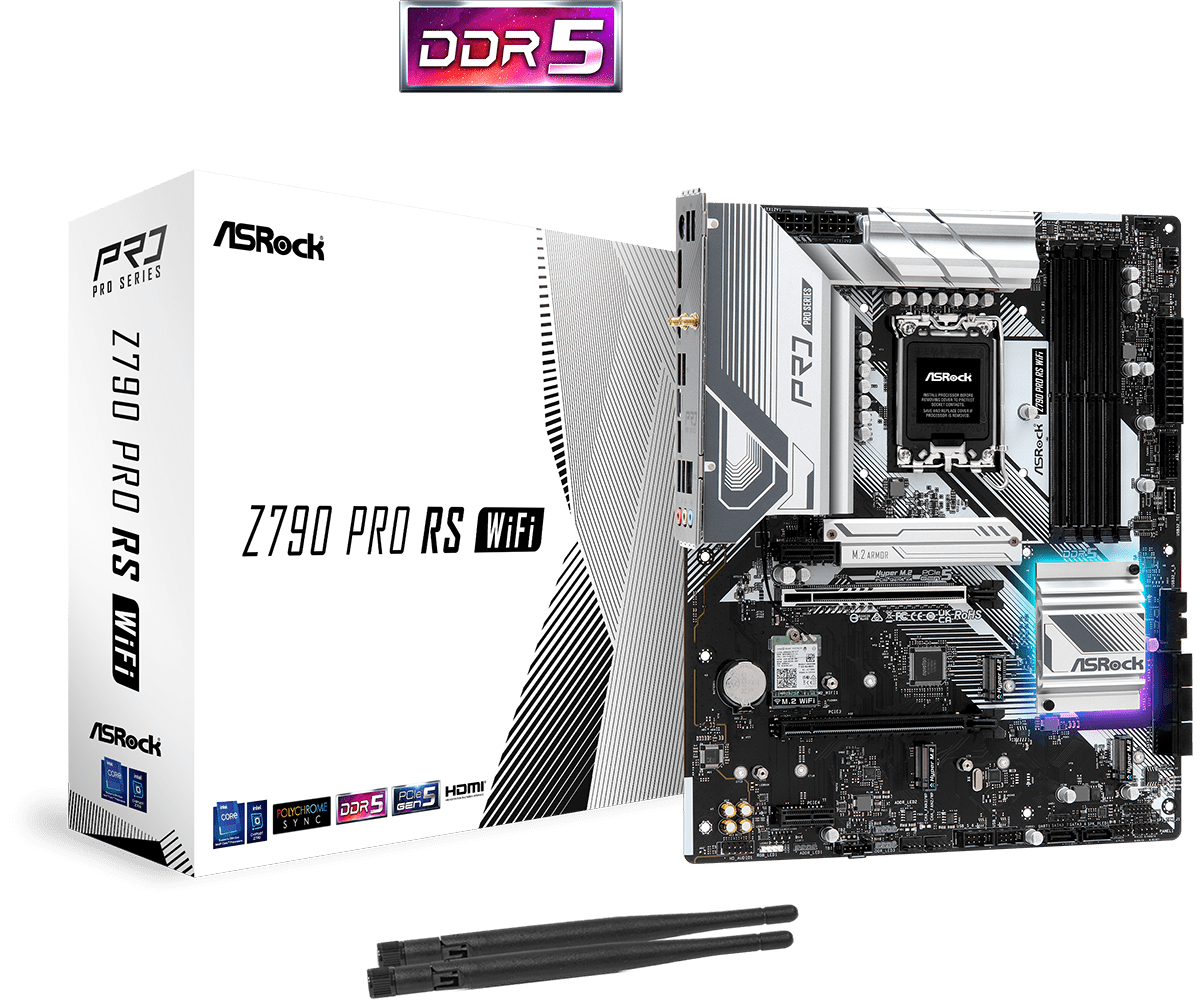 

Материнская плата ASRock Z790 PRO RS WIFI, Socket1700, Intel Z790, 4xDDR5 DIMM, 2PCI-Ex16, 8SATA3, 7.1-ch, 2.5GLAN, 7 USB 3.2, 2 USB Type-C, HDMI, DP, ATX, Retail, Z790 PRO RS WIFI