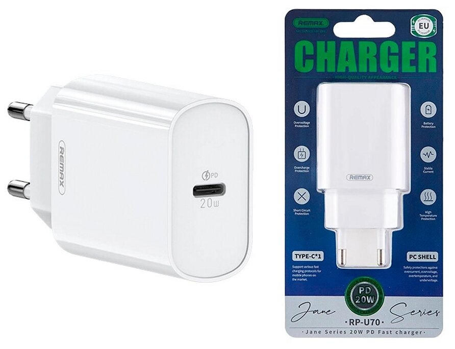 

Сетевое зарядное устройство Remax Jane Series RP-U70 20Вт, USB type-C, Quick Charge, PD, 3A, белый (6954851203575), RP-U70